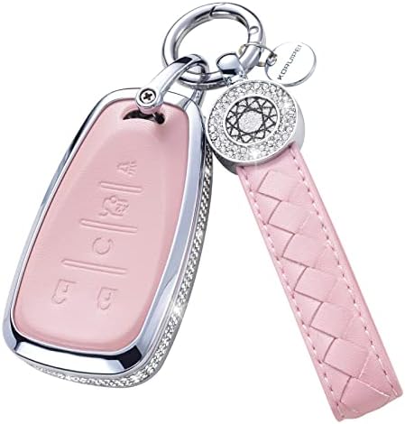Ruabiban for Chevy Key Fob Cover со клуч, розова кожа кристална клуч за заштита на куќишта, компатибилна со Chevrolet Equinox Malibu