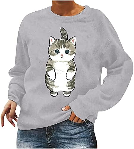 Модни жени паѓаат врвови на туники опремени кошули Основни мета-обични екипаж вратот Симпатична животинска мачка печатење со долги ракави џемпери