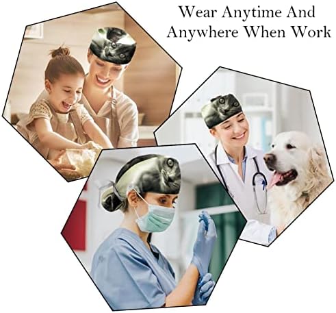 2 ПЦС медицинска сестра за чистење жени со долга коса, мачко животинско кутре прилагодливо работно капаче со копче и џемпери разнобојно