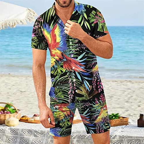 ДСОДАН МЕНСКИ Хавајски кошули и шорцеви Поставете 2 парчиња Тропска облека за печатење на копчето надолу со кратки ракави од плажа од 2 парчиња