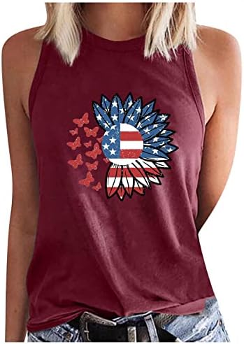 Сончоглед резервоарот за жени Патриотска графичка маичка 4 -ти јули лето без ракави елек -маик во САД знаме женски резервоар кошули