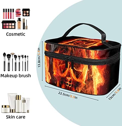 Висечки патнички торба за тоалети, преносен организатор за шминка, козметички држач за четки поставени, череп за рамка за оган пламен