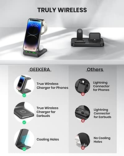 Standидари за безжично полнење Geekera, 3 во 1 станица за приклучок за безжични полначи за iPhone 14 Pro Max/14 Pro/14 Plus/13/12/11/X/8