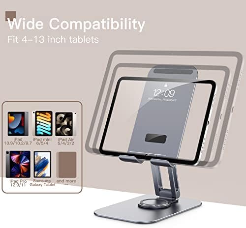 Stand tablet Tablet за биро, прилагодлив држач за работна површина за вртење со ротирачка база од 360 степени, преклоплива преносна лулка за