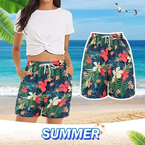 Шорцеви за жени со џебови летни плажа тропски печатени проточни шорцеви случајни еластични половини удобни шорцеви на плажа со џебови
