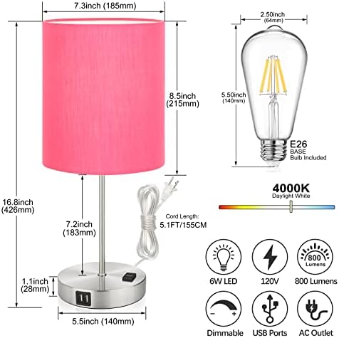 Сјај розова ламба за контрола на допир, ламба за затемнување во кревет од 3 пат со 2 USB порти и излез на наизменична струја,