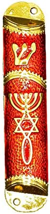 Ерусалим Соломон4у рачно насликана црвена емајл еврејска мезуза украсена со златни акценти и скролување на wallидот на месијанскиот