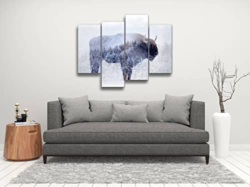 Двојна изложеност на диви бизони, биволи и борова шума платно wallидна уметност што виси слики модерни уметнички дела апстрактни слики