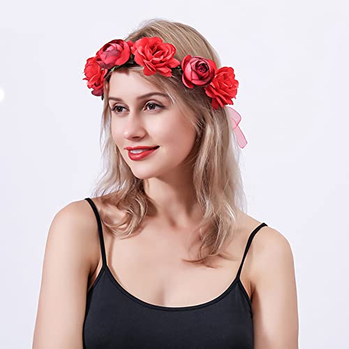 Оаутосиј Роуз цветна круна коса венец за жени девојки, лента за глава од цвеќиња со прилагодлива лента за реквизити за свадбени фотографии