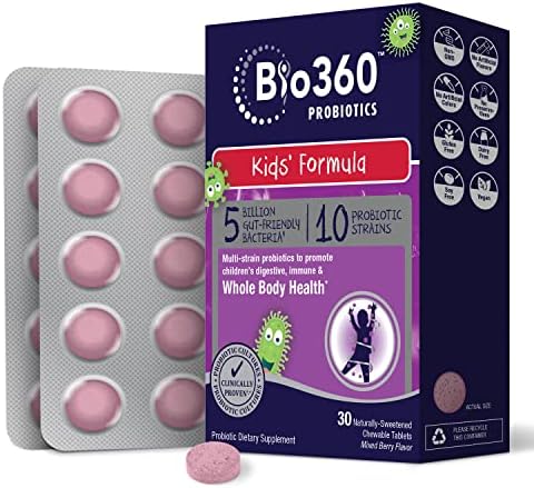 Био360 Деца Пробиотик, Насочени Пробиотици За Деца, Здравје На Целото Тело, 5 Милијарди Цфу 10 Соеви, Мешан Вкус На Бобинки За Џвакање,