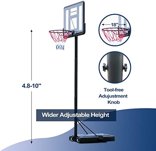 Херопро преносен кошаркарски обрач на отворено затворен, систем за кошаркарски цели 4.8-10ft Прилагодлив за деца и возрасни, 44 инчи од