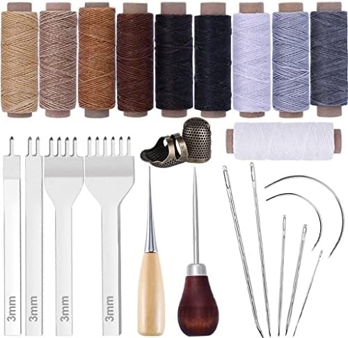 Гретд 25 парчиња кожни алатки за шиење на кожни рачни рачни нишки од 50м восочни навои од не'рѓосувачки челик дупки за шиење игли