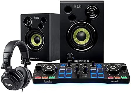 Стартер на Херкулес диџеј со контролер на Серато DJ Lite и DJMonitor 32 Активни звучници Пакет со слушалки, штанд за лаптоп и 4-порта USB 3.0