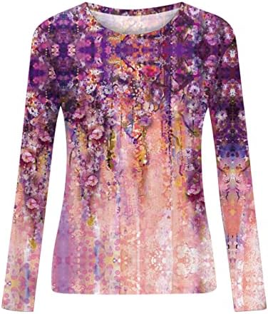 Женски блузи мода 2022 година со долги ракави екипаж блузи на вратот на вратот лабави обични цветни печатени врвови и маици со маици графички