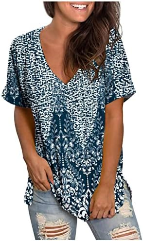 Злови врвови за жени обични летни жени пролетни летни модни плажа обични печати лабава маица со кратки ракави врвот на врвот