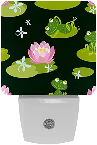 Розови лотос езерце зелени лисја жаби предводена ноќна светлина, детски ноќни светла за приклучок за спална соба во wallидна ноќна ламба прилагодлива осветленост за