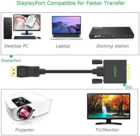 UVOOI DisplayPort до DVI кабел 10ft, приказ на порта до адаптер за кабел DVI-D компатибилен со компјутер, лаптоп, HDTV, проектор, монитор, повеќе позлатени