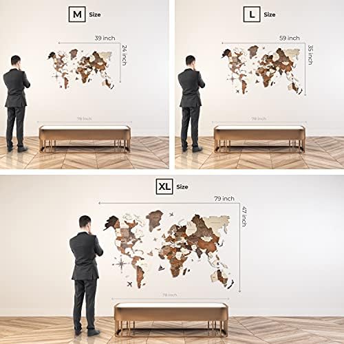3D Вуд Светски мапа-3Д wallиден декор со дрво мапа на светот-Лесна инсталација со двострана лента-Вклучува додатоци-Премиум трајна иверица-идеален