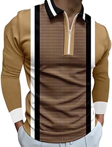 ZDDO 2022 Нови поло маици за мажи, долги ракави HoundStooth Patchwork Голф врвови на улична облека за улична облека, двојка