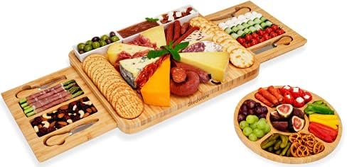 Сет на табла за сирење Stedware, табла за табли и нож поставени со фиока за сирење, голем бамбус чинија за сирење и месо - подарок за
