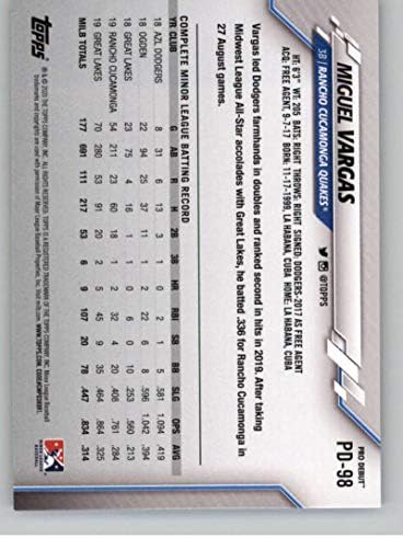 2020 TOPPS PRO деби PD-98 Miguel Vargas RC Rookie Rancho Cucamonga Quakes Бејзбол Трговска картичка