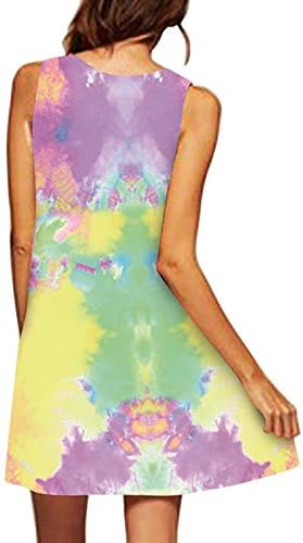 IQKA Womenените кратки фустани вратоврска боја, печатење графички кошула, обични резервоари без ракави, летен одмор мини фустан