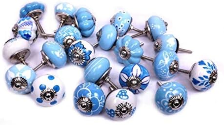 Сет од 6 копчиња сина и бела рака насликана керамичка копчиња за фиоки за фиоки