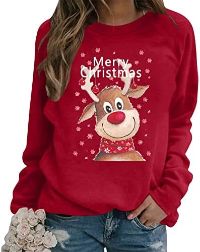 Пимоксв преголем грд Божиќен џемпер за жени 2023 година Долг ракав Среќен Божиќ Симпатична Рудолф ирваси екипаж џемпери