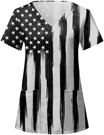 Кошули на 4 јули за жени во САД знаме лето кратка ракав против маица со вратот со 2 џебови блузи одморен случајна работна облека