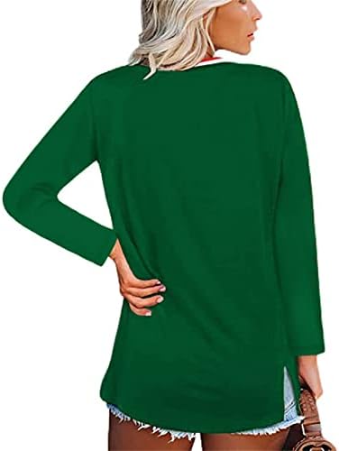 Dgkaxiyahm Women v-вратот шарени панели со панели со долги ракави паѓаат пријатно опуштено опуштено вклопување пулвер случајна лабава цврста маица