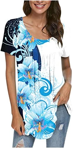 Есен лето, жени со кратки ракави со кратки ракави, памук цвет графички лабав вклопување опуштено вклопување обичен врвен маица за девојчиња