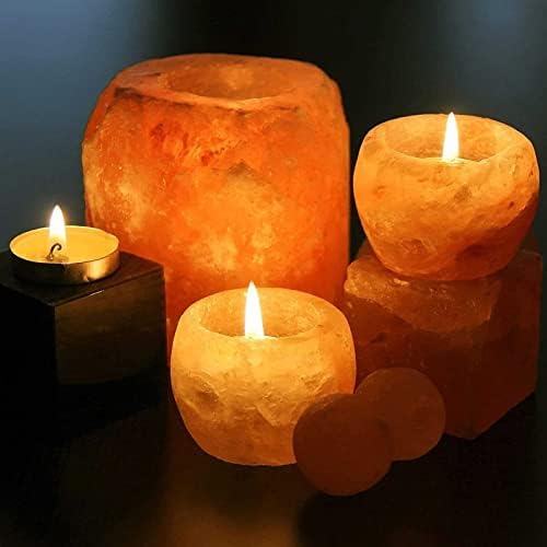 Држач за светло на свеќи со сол од сол од Хималај, автентичен држач за светло од розово сол со сол, ламба за свеќи со сол од природна форма за