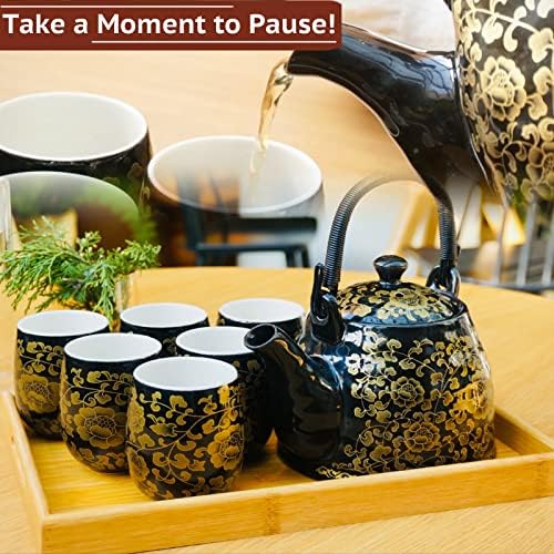 Традиционален Јапонски Сет За Чај, Убав Комплет За Црн Чај Со Послужавник И Инфузер, Кинески/Азиски Комплети За Чај за 6 Возрасни Лица,