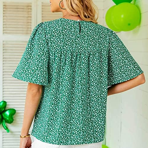 Bohoенски блузи на Boho, кои се караат со кратки ракави со кратки ракави на вратот, трендовски графички цветни печати врвови лето