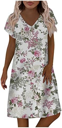 Фустани за кратки ракави на ајазо за жени 2023 етнички принт V врат среден фустан летен плажа лесен лабав вклопување удобност