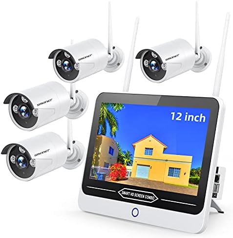 Систем за безбедносни фотоапарати 3MP безжичен со 12 „монитор, SMONET 8CH WiFi Home Surveillance NVR комплети сите во еден, 4PCS