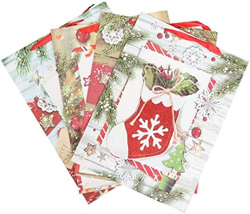 Bestoyard торби 4 парчиња Божиќна хартија торби за подароци Божиќ, картонска торба Кенди колачиња Тековна пакување торба декоративни празнични ленти со лента со ленти 4