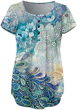 Womenените врвни o врат кратки ракави маица обични лабави цветни графички женски блузи удобни стомаци покриени со мета
