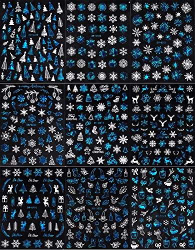9 листови Божиќни налепници за уметност на нокти Декларации самолепливи pegatinas uñas празнично сини бели снегулки дрвја за нокти за