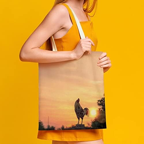 Петел и изгрејсонце симпатична платно торба со лесни рачки за еднократна употреба на еднократно крзно торбички што се перат за жени наставници