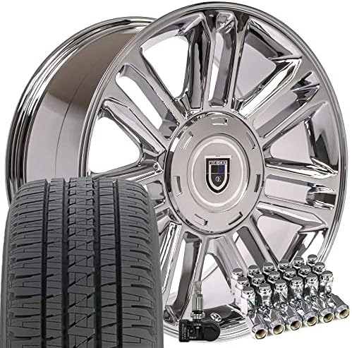 OE Wheels LLC 22 инчи бандажи се вклопува пред 2019 Silverado Sierra пред-2021 Tahoe Suburban Yukon Escalade CA83 22x9 Chrome Wheels BDA гуми