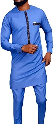 Африкански костуми за мажи Дашики Слим одговара на долги ракави, кошула и панталони за панталони 2 парчиња традиционални обични