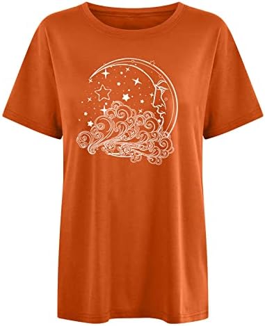 Есен летен графички врвен маица за жени трендовски краток ракав памучен екипаж на вратот Средновековен лабав вклопување маичка АП АП