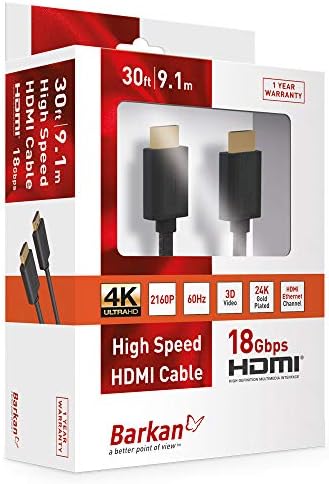 Баркан 30ft Голема Брзина HDMI Кабел 4K Ultra HD 60Hz 3d Видео 24k Позлатена Глава Црна, HD91E1