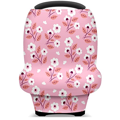 Бебе Автомобил Седиште Покрива Бели Цвеќиња Розова Позадина Нега Покритие Доење Шамија Шетач Покритие За Бебиња Повеќекратна Употреба