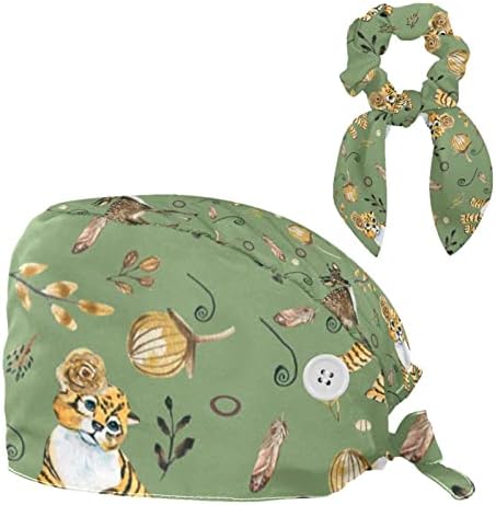 Прилагодливо работно капаче со копче, работна капа за џемпери, симпатична бебе тигар елени зелени буфантни капи со лак за коса