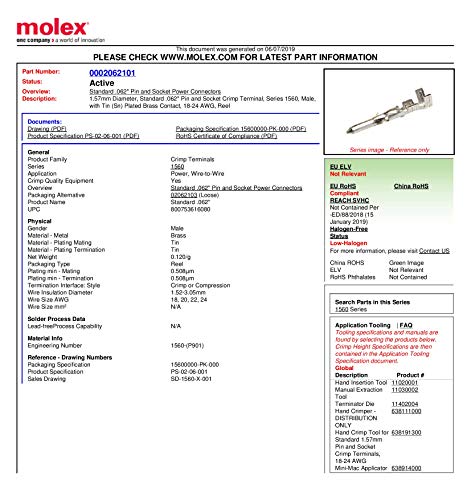 Molex Pin, машки и женски .062 18-24 AWG, серија 1561 калај позлатен месинг контакт