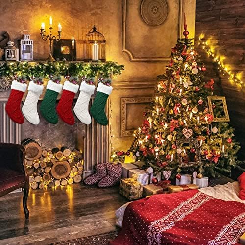 Rapean 6 пакувања Божиќни чорапи - 20 инчи плетени порибни подароци и украси за семеен празник Божиќ, декор, бургунд, слонова коска, зелена