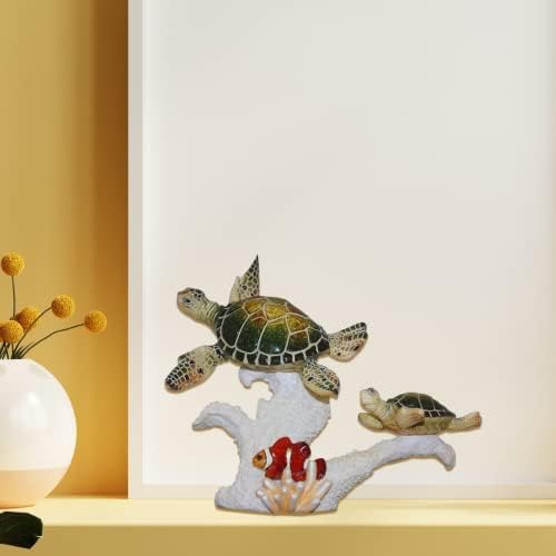 Удобен час 8 Полирезин Две морски желки и риба на корална фигура за украсување на домови, повеќебојни, колекција на патување во океанот