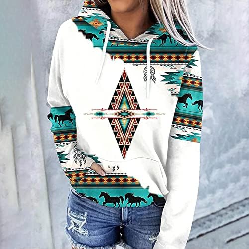 Женски худи пуловер западен етнички стил печати ацтеки качурки, каубојска ромбус печатена џемпер со качулка